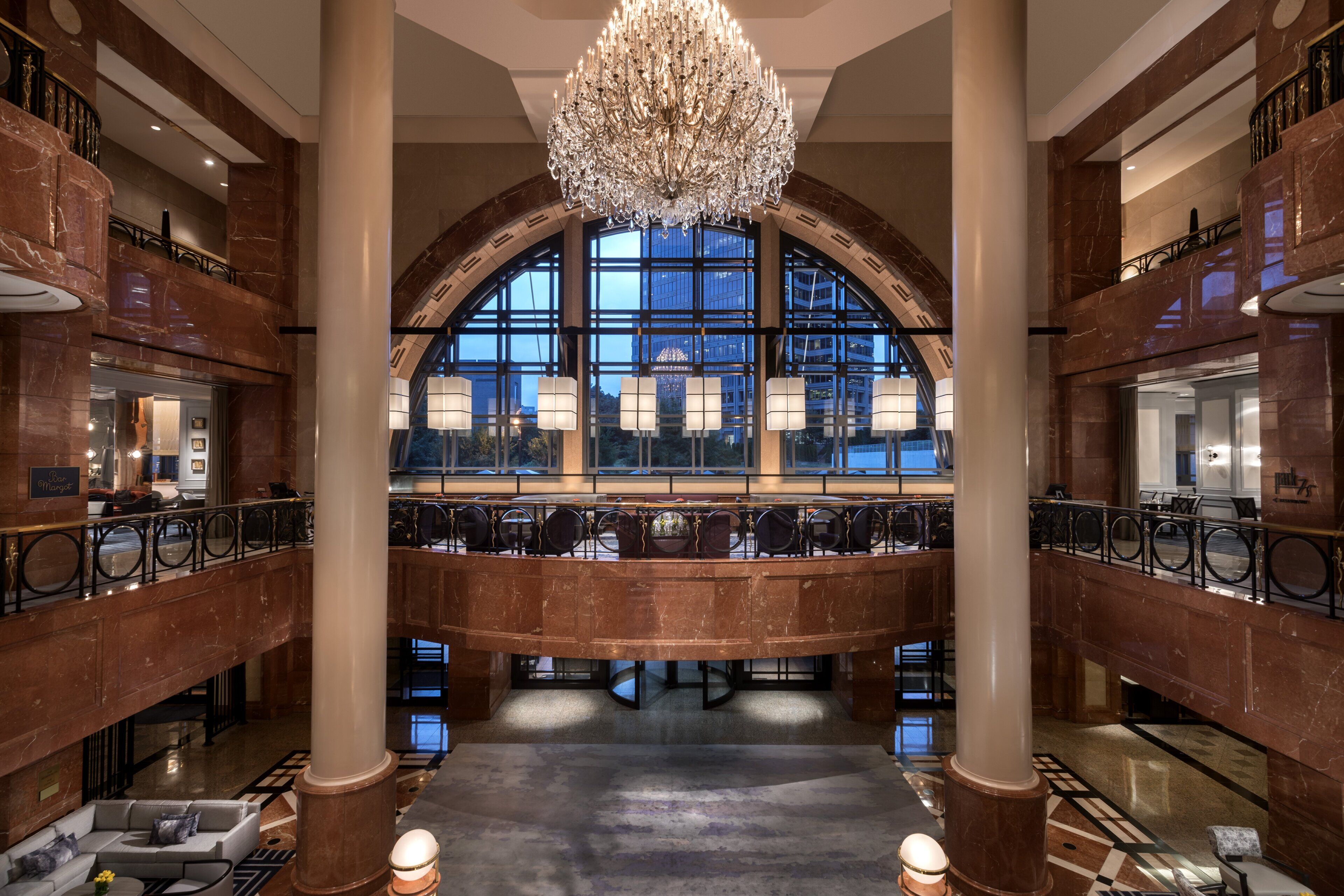Grand staircase and chandeliers at Four Seasons Hotel Atlanta