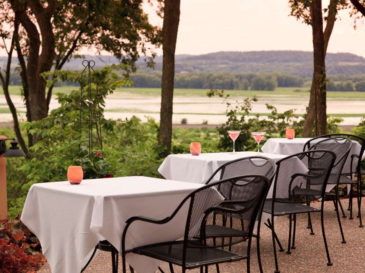 Goldmoor dining terrace overlooking the Mississippi River; photo credit Jumping Rocks Photography via Enjoy Illinois