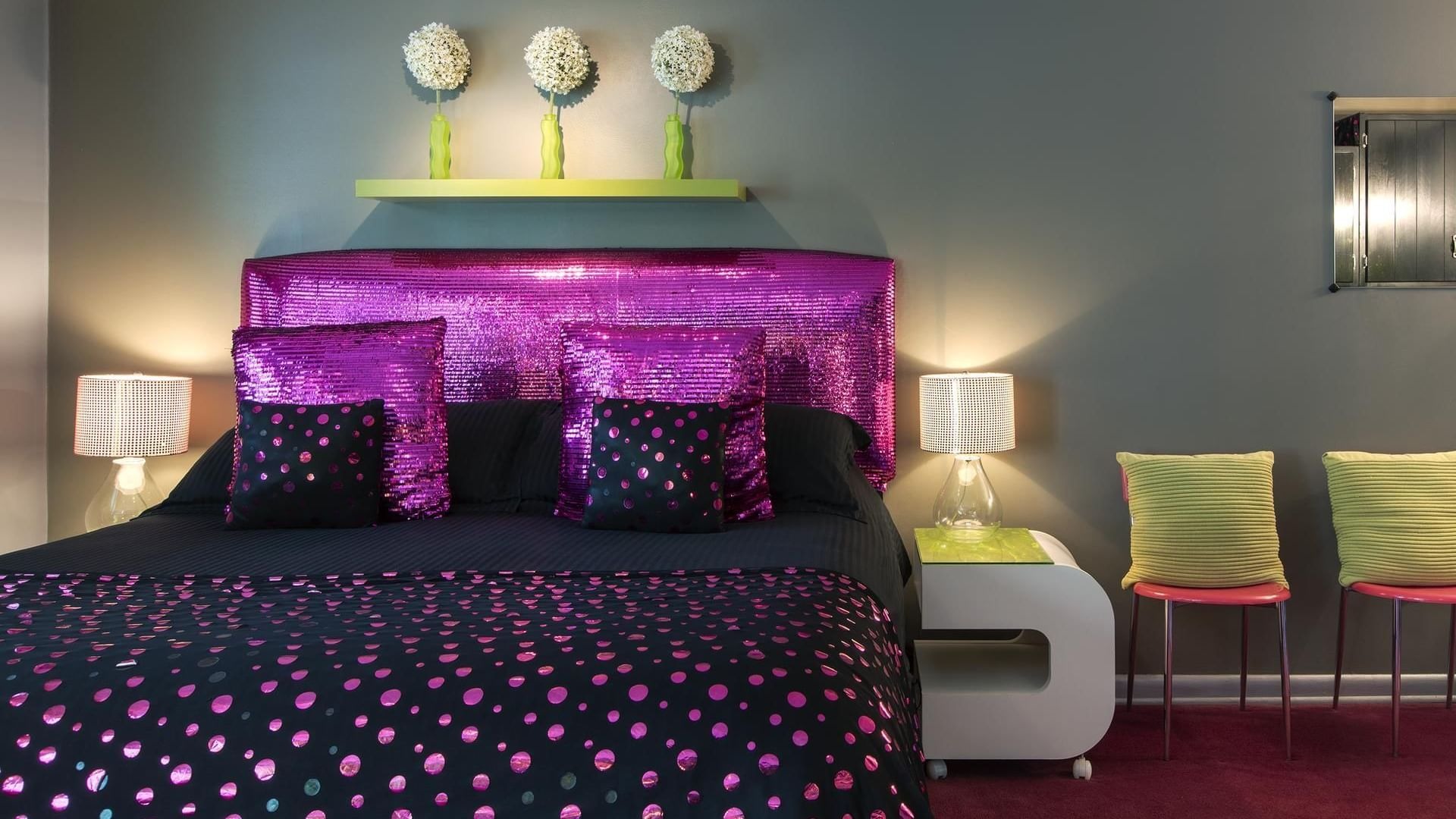 Classic Contemporary 6 bed and purple headboard at The Roxbury