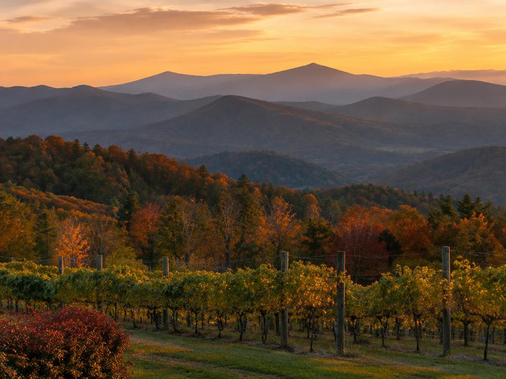 Illustrative image: layered mountain ridges above a vineyard in autumn light